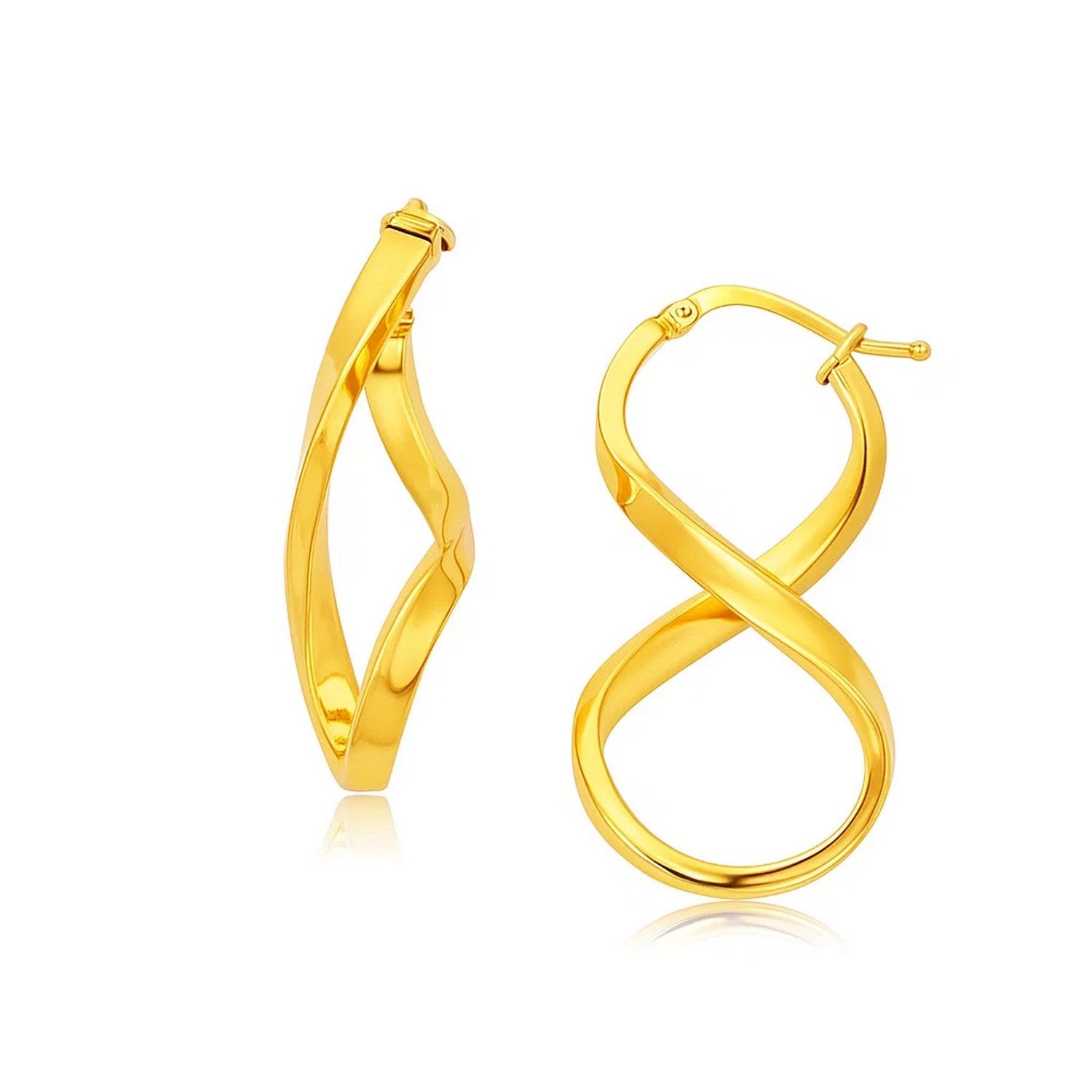 14k Yellow Gold Polished Infinity Shape Drop Earrings in a sleek high-contrast midnight luxury editorial style